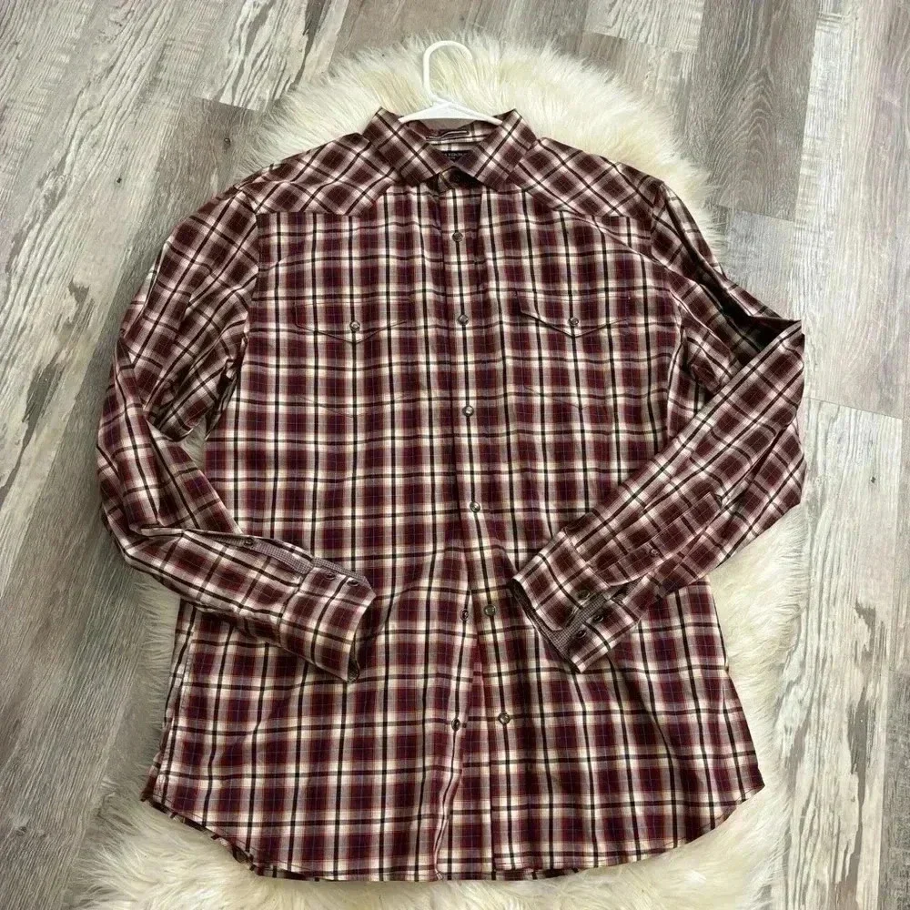Banana republic slim fit red brown blue plaid pearl button western shirt Large